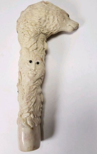 Carved Handle Deer Bone For Knife Cane Parasol W/ Chiefs Wolf Eagle 5 3/4 In