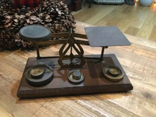 Antique Small Balance Beam Scale Brass Set Postal Letter England With 6 Weights