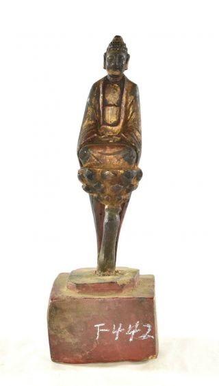 Antique Chinese Red & Gilt Wood Carved Statue / Figure Of Buddha On Lotus 19th C