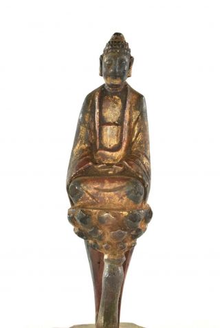 Antique Chinese Red & Gilt Wood Carved Statue / Figure of Buddha on Lotus 19th c 2