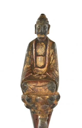 Antique Chinese Red & Gilt Wood Carved Statue / Figure of Buddha on Lotus 19th c 3