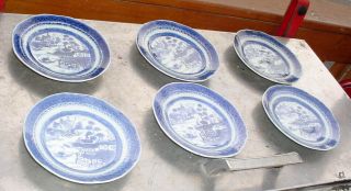 6) Antique 19th C.  6 " Chinese Export Blue & White Canton Plates Dishes N/r