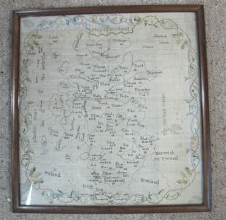 Antique C1800 Framed Needlework Sampler Map Of Scotland By Margaret Campbell
