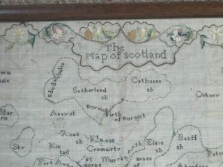 Antique c1800 FRAMED Needlework Sampler MAP of SCOTLAND by Margaret Campbell 2