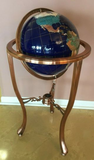 36 " Tall Blue Lapis Gemstone World Globe With Aged Copper Stand