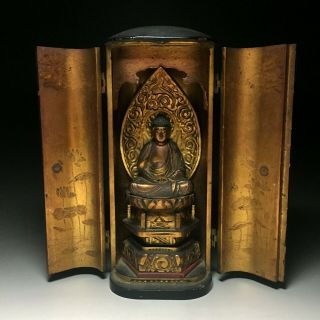 Old Japanese Japan,  Buddhism Buddha Statue Syaka & Zushi Box 23cm 克