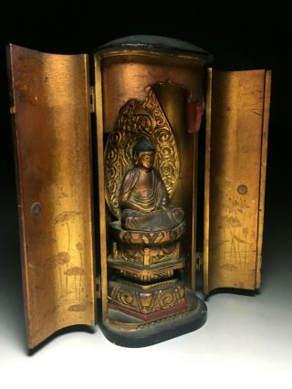 old Japanese Japan,  Buddhism Buddha statue syaka & Zushi box 23cm 克 7