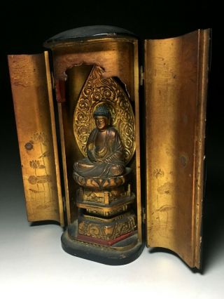 old Japanese Japan,  Buddhism Buddha statue syaka & Zushi box 23cm 克 8