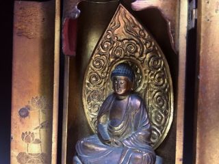 old Japanese Japan,  Buddhism Buddha statue syaka & Zushi box 23cm 克 9