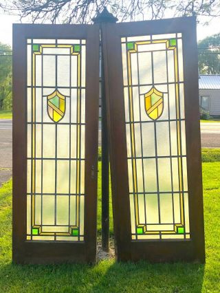 Pair Antique 84 " Double - Doors Leaded Glass French Doors Entrance Solid Wood Old