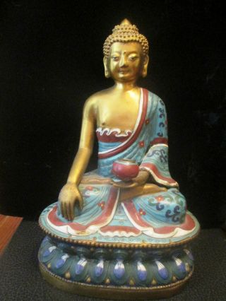 Vintage Old Chinese Cloisonne Enamel Buddha Altar Figure Marked 12 "