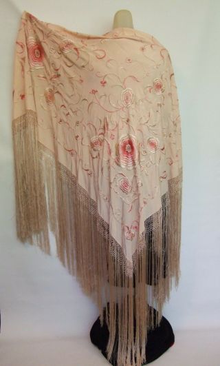 Antique Chinese Silk Flamenco Shawl Manton De Manila Pink 49” Square