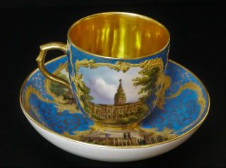 19th C.  Kpm Porcelain Topographical Cup And Saucer Blue Gold Interior