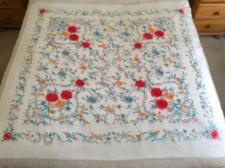 Antique Silk Cantonese Cream,  Coloured Hand Embroidered Shawl,  Manton De Manila