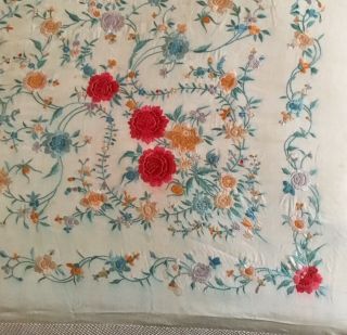 ANTIQUE SILK CANTONESE CREAM,  COLOURED HAND EMBROIDERED SHAWL,  MANTON DE MANILA 5