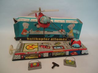 Very Rare Vintage Helicopter Station Wind Up Litho Tin Toy Hungary 60s,  Box