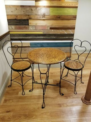 Vintage Ice Cream Parlor Soda Fountain Oak Table And Wrought Iron Chairs