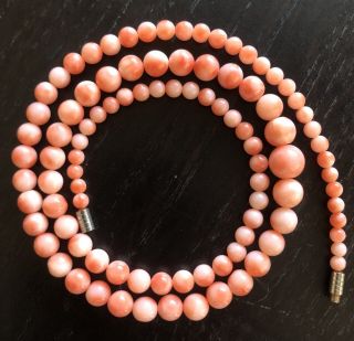 Fine Old Vtg Antique Chinese Pink Angel Skin Coral Beaded Graduated Art Necklace