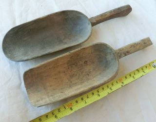 Pair 2 X 10 " Antique Primitive Hand Hewn Wooden Butter Scoop Ladle Paddle Spoon