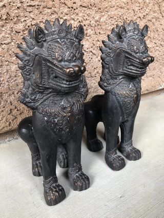 Old Pair Chinese Cambodia Asian Khmer Lion Foo Dog Bronze Metal Buddhist Art