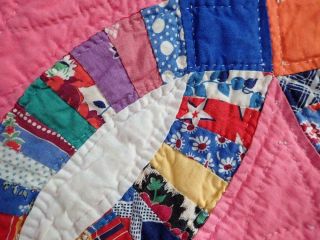SO PRETTY Vintage 30s Pink Blue Orange Wedding Ring QUILT 81X71 Small Scale 10