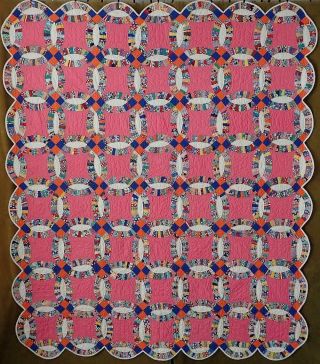 SO PRETTY Vintage 30s Pink Blue Orange Wedding Ring QUILT 81X71 Small Scale 2