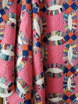 SO PRETTY Vintage 30s Pink Blue Orange Wedding Ring QUILT 81X71 Small Scale 3