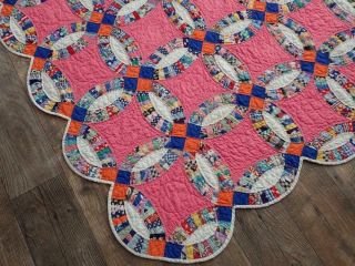 SO PRETTY Vintage 30s Pink Blue Orange Wedding Ring QUILT 81X71 Small Scale 4