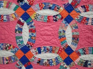 SO PRETTY Vintage 30s Pink Blue Orange Wedding Ring QUILT 81X71 Small Scale 5
