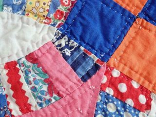 SO PRETTY Vintage 30s Pink Blue Orange Wedding Ring QUILT 81X71 Small Scale 6