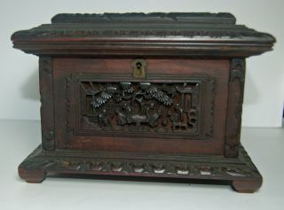 Wonderful Antique 19c Chinese Carved Hardwood Rectangular Jewelry Box - Signed