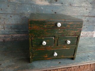 Antique Primitive Very Early Document Jewelry Wood Box Green Paint