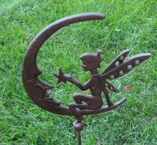 Cast Iron Fairy Hangs Star Man In The Moon Face Yard/plant Garden Statue Stake