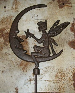 Cast Iron FAIRY Hangs Star Man in the MOON Face Yard/Plant Garden Statue Stake 2