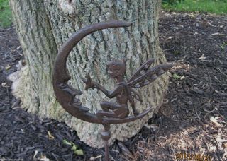 Cast Iron FAIRY Hangs Star Man in the MOON Face Yard/Plant Garden Statue Stake 5