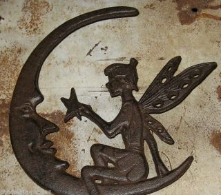 Cast Iron FAIRY Hangs Star Man in the MOON Face Yard/Plant Garden Statue Stake 6