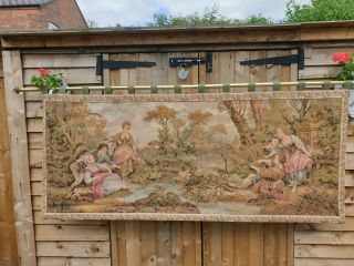 Large Vintage French Woven Tapestry Wall Hanging With Brass Pole