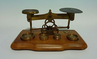 Antique English Postal / Letter Brass Scale On Wood Base,  Weights