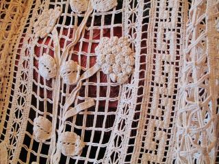 Antique French Linen Curtain Panel Hand Crochet Lace Tassels c 1880s 3