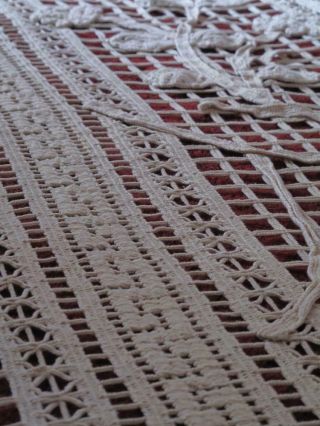 Antique French Linen Curtain Panel Hand Crochet Lace Tassels c 1880s 4