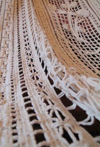 Antique French Linen Curtain Panel Hand Crochet Lace Tassels c 1880s 5
