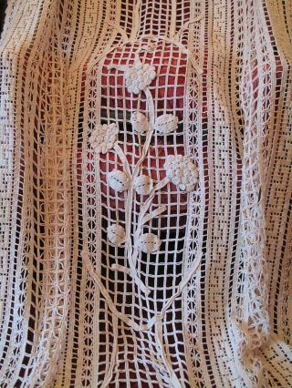 Antique French Linen Curtain Panel Hand Crochet Lace Tassels c 1880s 8