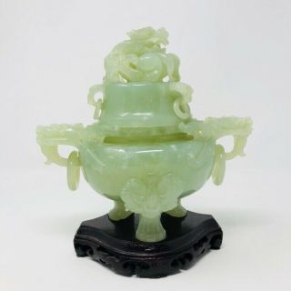 Vintage Antique Chinese Green Jade Carved Dragon Urn Bowl Jar Oriental China