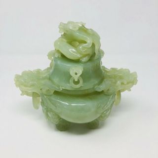 Vintage Antique Chinese Green Jade Carved Dragon Urn Bowl Jar Oriental China 2