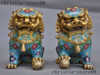Old Chinese bronze Cloisonne Feng shui Auspicious Lion Foo dog Beast Statue Pair 2