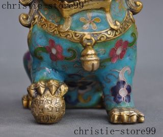 Old Chinese bronze Cloisonne Feng shui Auspicious Lion Foo dog Beast Statue Pair 6