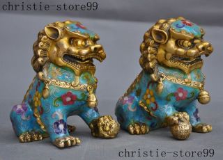 Old Chinese bronze Cloisonne Feng shui Auspicious Lion Foo dog Beast Statue Pair 7