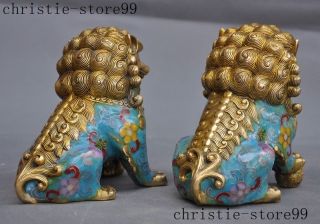 Old Chinese bronze Cloisonne Feng shui Auspicious Lion Foo dog Beast Statue Pair 8