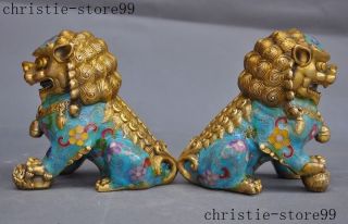 Old Chinese bronze Cloisonne Feng shui Auspicious Lion Foo dog Beast Statue Pair 9