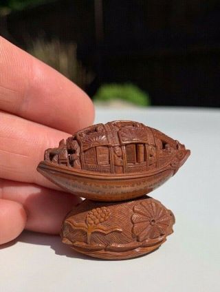 Very Detailed Antique Chinese Carved Nut With Script